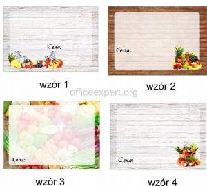 Cenówki laminowane do owoców i warzyw, w rozmiarze 111 x 154 mm. 4 wzory do wyboru.