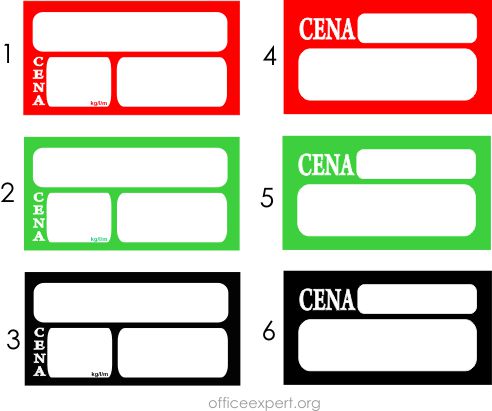 Cenówki, etykiety kartonikowe przeznaczone do listew cenowych. Dostępne w trzech kolorach, czerwonym, zielonym lub czarnym. Do wyboru są cenówki dzielone na dwa okna, lub trzy okna.